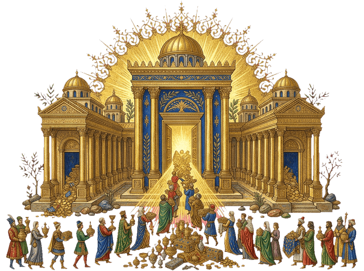 O novo templo inundado de glória divina, com as nações trazendo seus tesouros