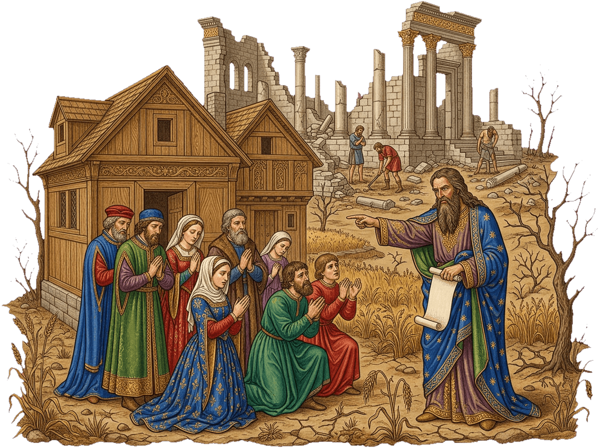 O profeta Ageu repreende o povo que vive em casas revestidas enquanto o templo jaz em ruínas e a terra seca
