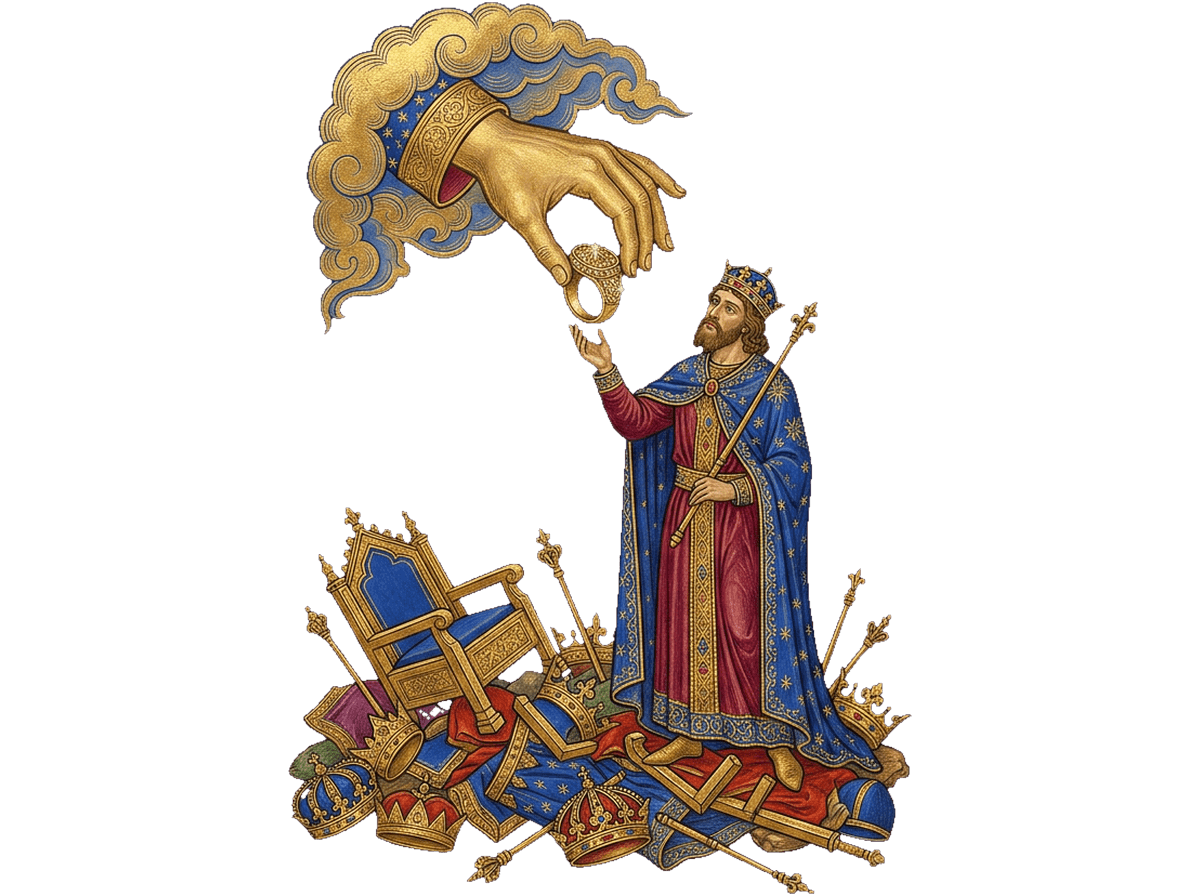 A mão divina oferece o anel-sinete a Zorobabel enquanto os tronos das nações são derrubados