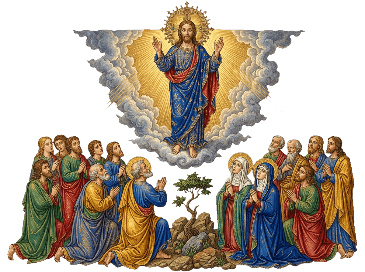 A Ascensão de Jesus aos céus, enquanto os apóstolos olham para o alto