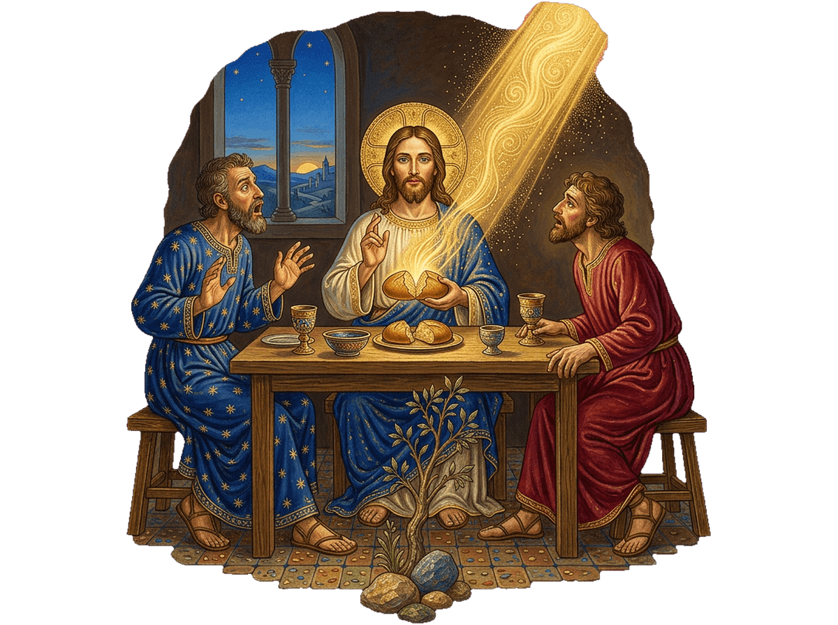 La cena de Emaús: los dos discípulos reconocen a Jesús resucitado al partir el pan
