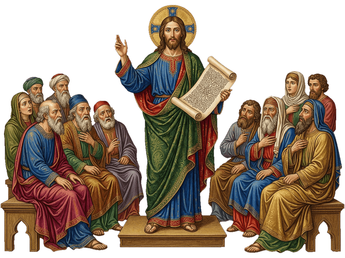 Jesús proclama en la sinagoga de Nazaret, sosteniendo el rollo del profeta Isaías