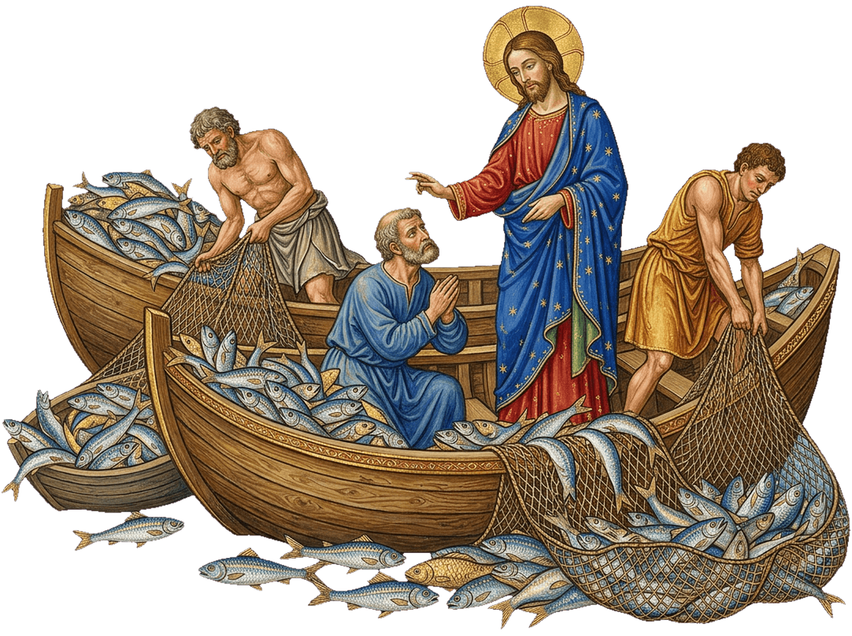 La pesca milagrosa: las redes llenas de peces y Pedro arrodillado ante Jesús