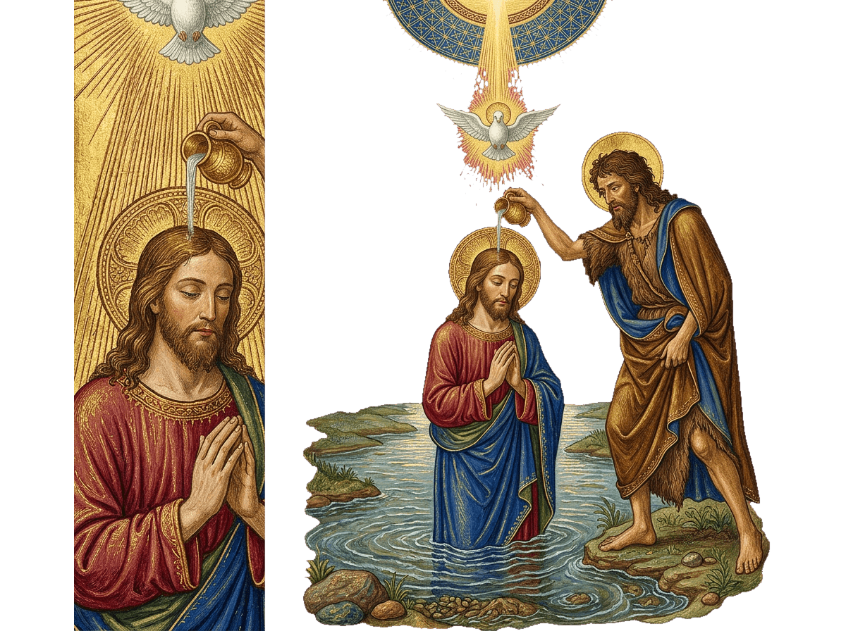 O batismo de Jesus por João no rio Jordão, com o Espírito descendo como pomba