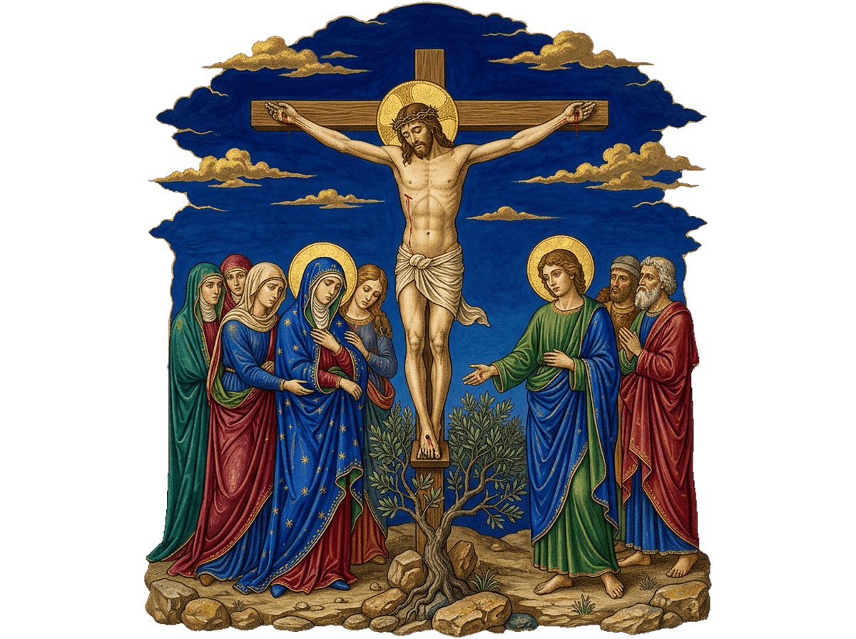 A crucificação de Jesus no Calvário, com sua mãe e os discípulos em luto