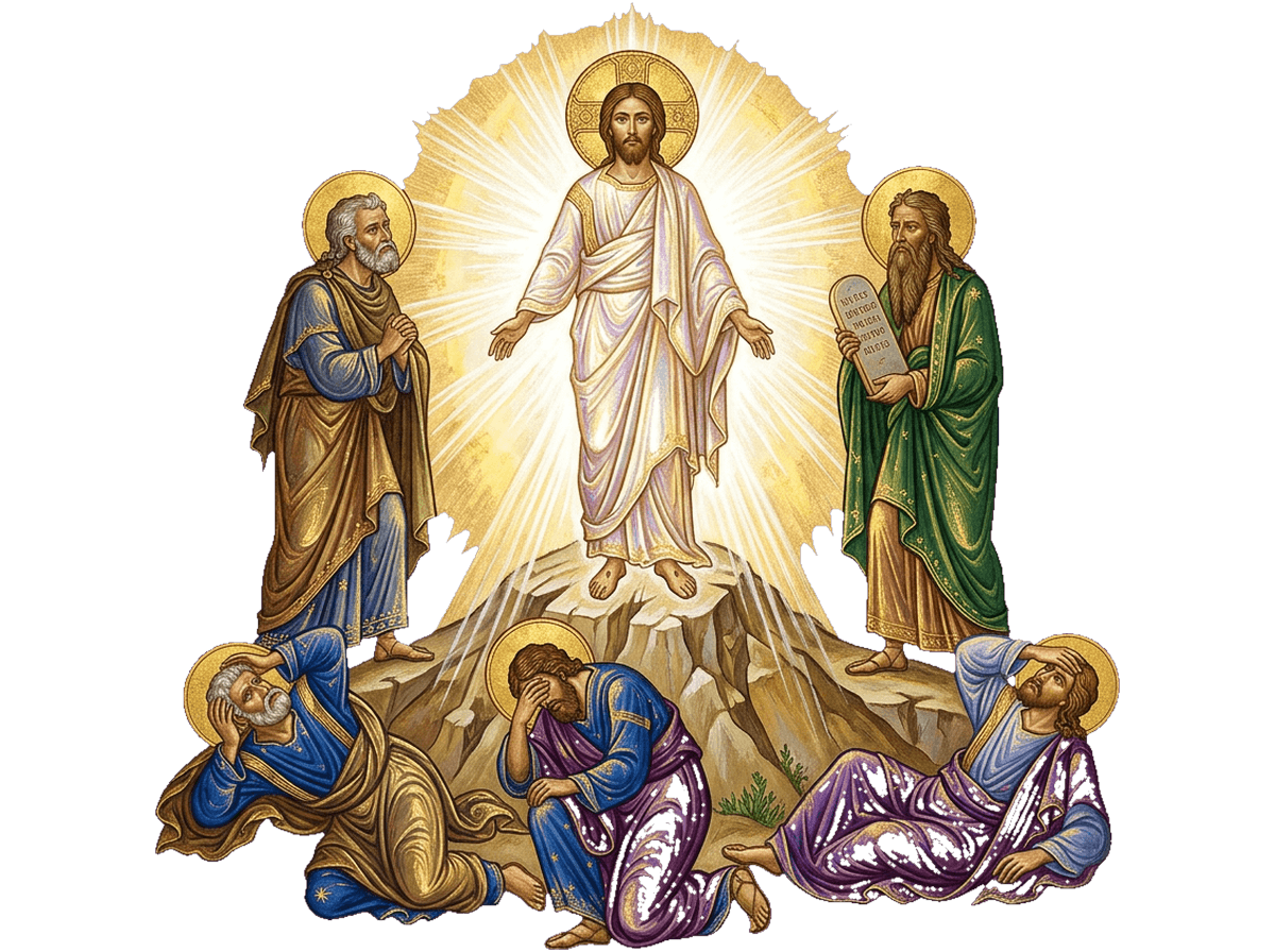 A Transfiguração de Jesus, resplandecente entre Moisés e Elias, diante dos discípulos