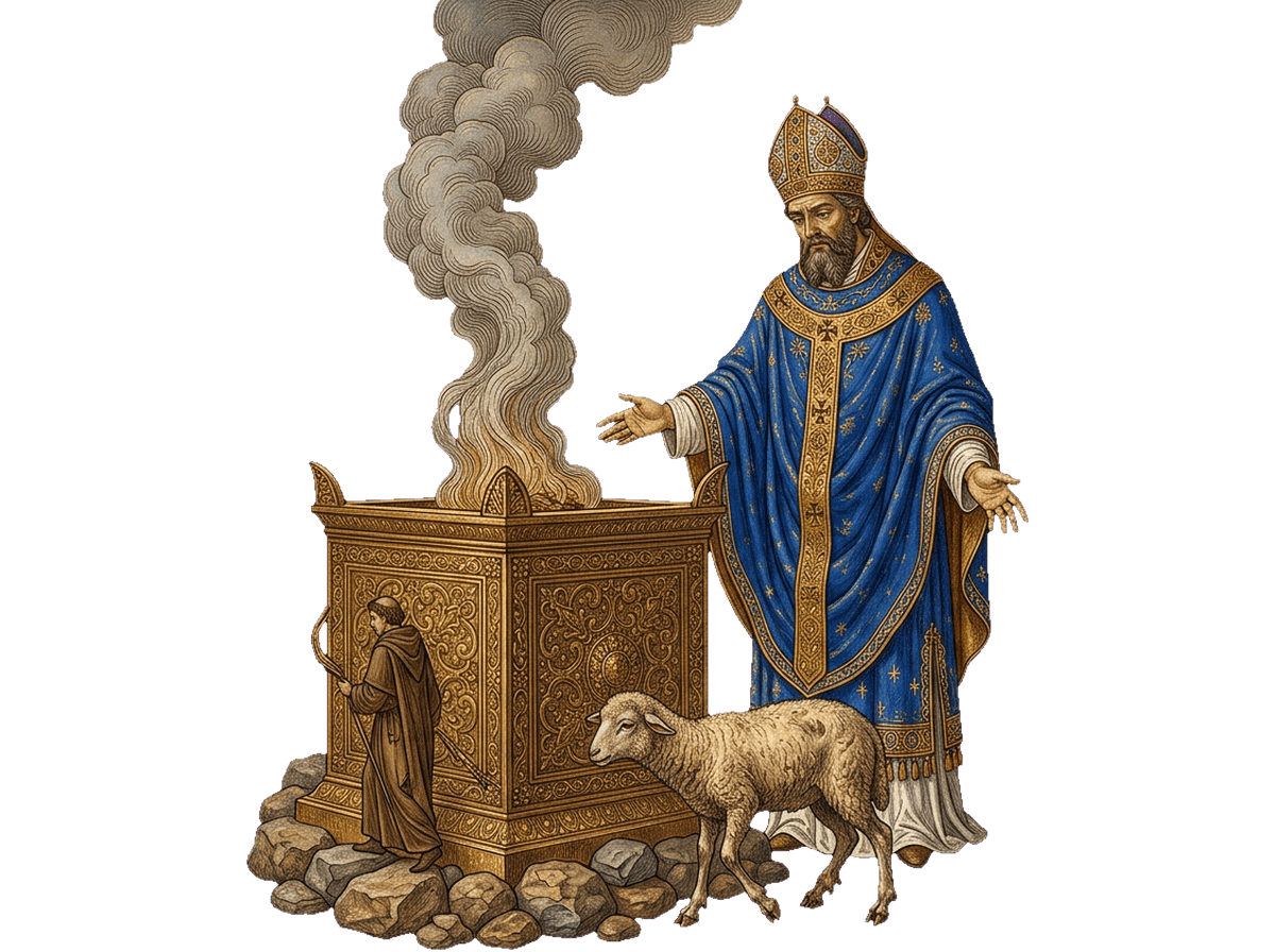 Um sacerdote diante do altar do templo, repreendido por oferecer sacrifícios defeituosos
