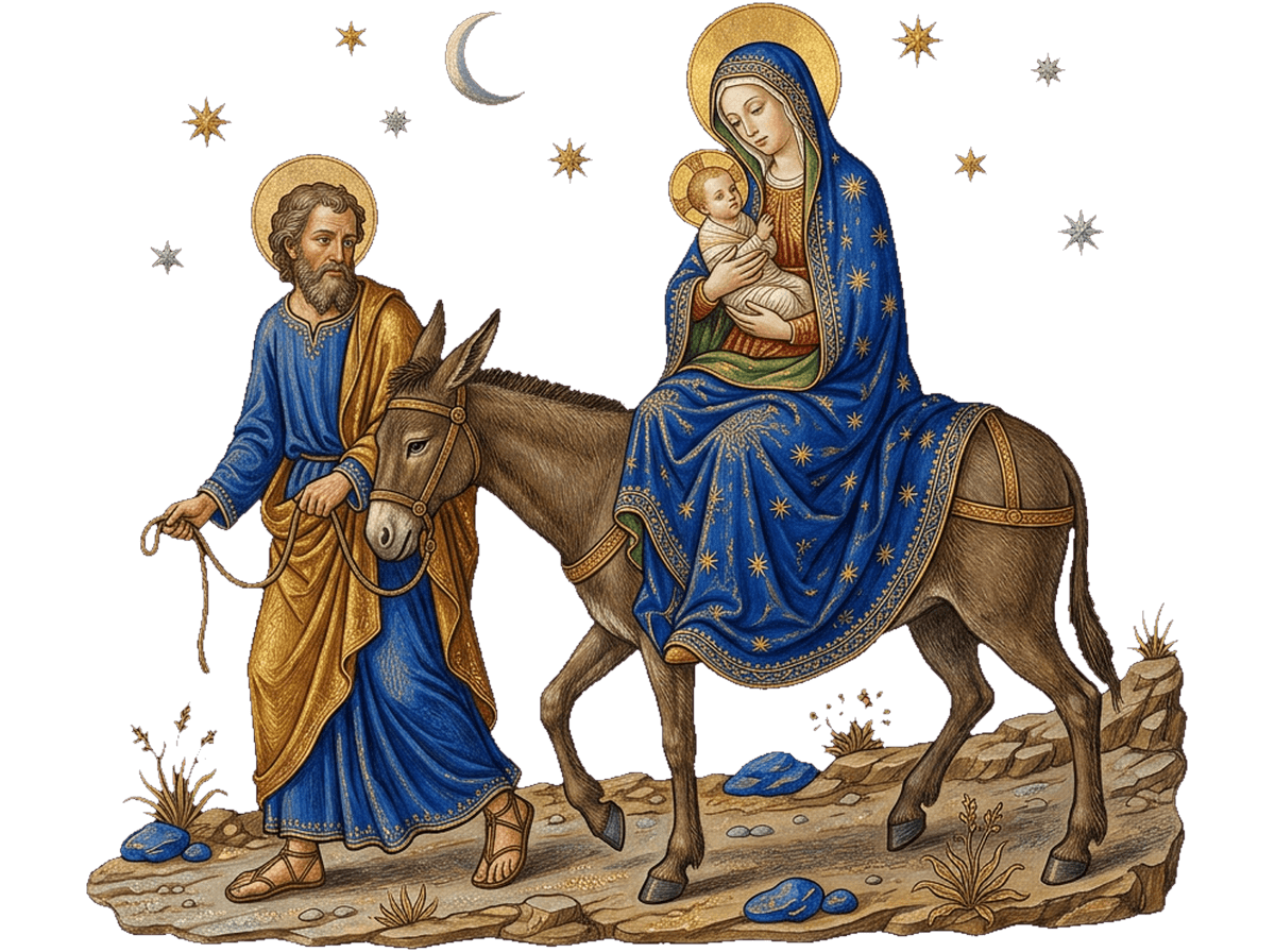 La huida a Egipto: José guía el asno con María y el niño Jesús bajo la noche estrellada