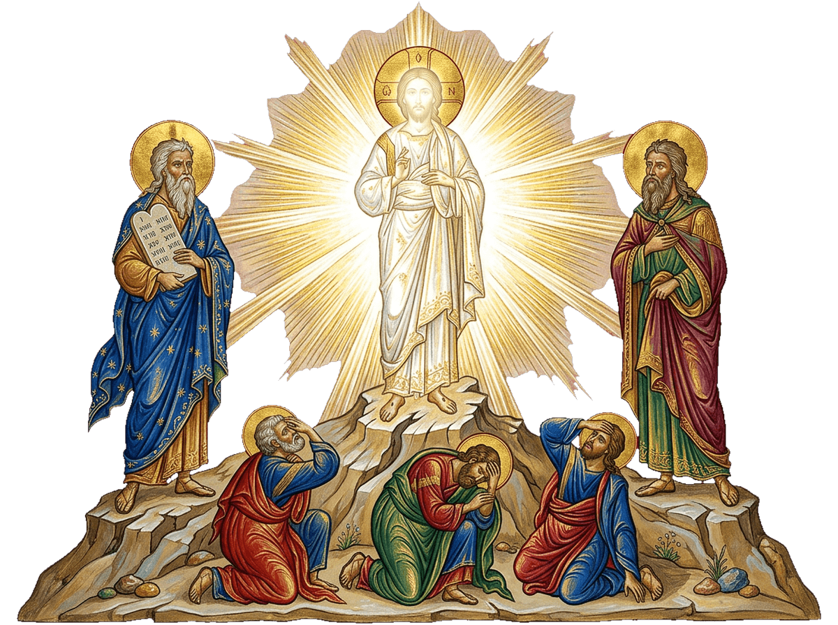 La Transfiguración: Jesús resplandece entre Moisés y Elías ante los discípulos