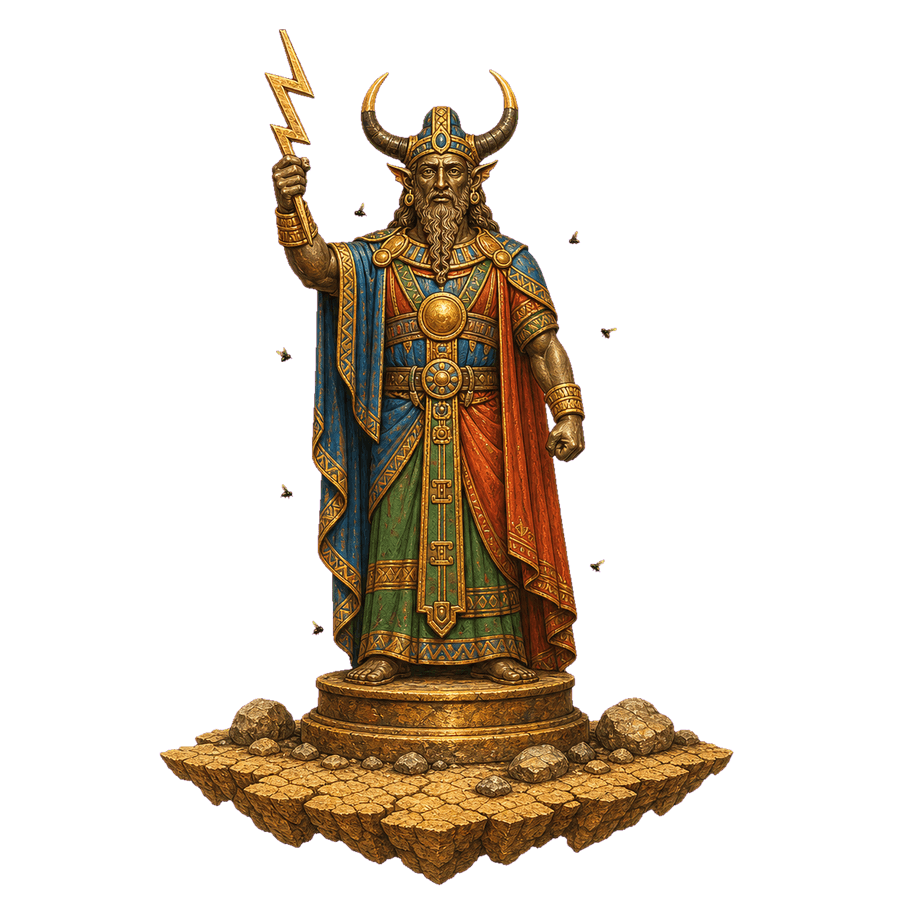 Ídolo do deus Baal com chifres de touro, empunhando um raio, cercado de moscas