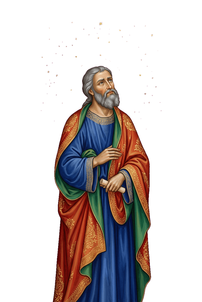 Uma figura contemplando um céu estrelado com um diagrama celeste