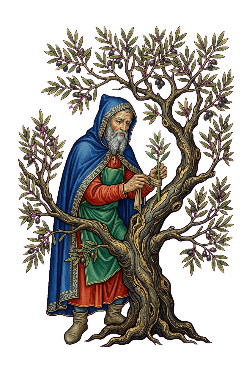 Um jardineiro enxertando um galho numa oliveira frondosa