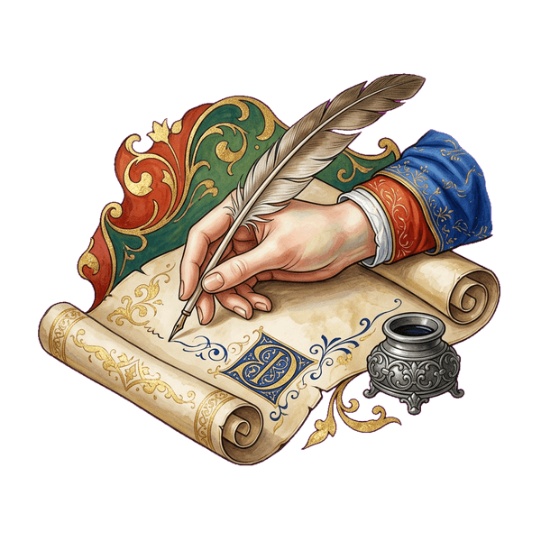 Mão de escriba medieval escrevendo num pergaminho com pena e tinteiro