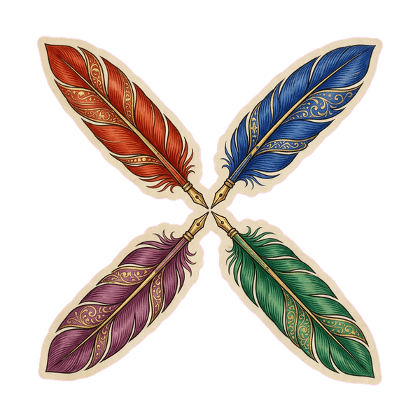 Quatro penas de escrever de cores distintas, emblema das quatro fontes