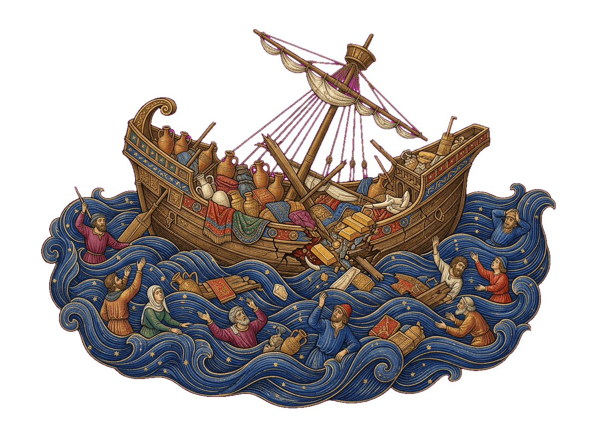 A queda de Tiro: o navio mercante fenício naufragando no mar