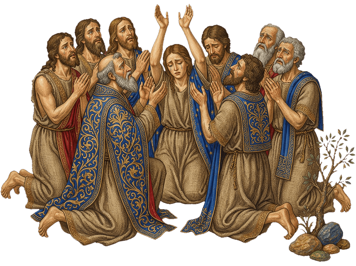 Sacerdotes e anciãos em jejum e lamento, com as mãos erguidas em súplica