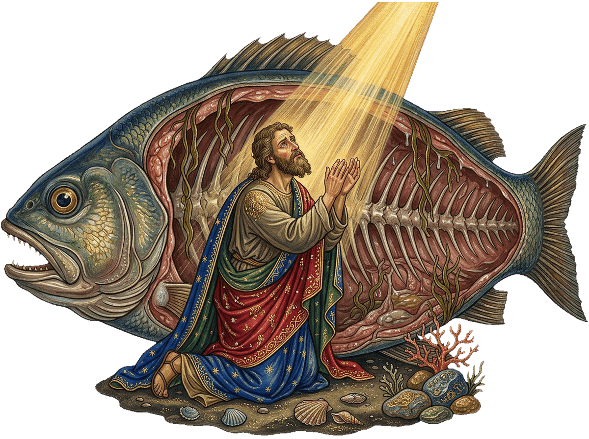 Jonas ora a Deus do interior do grande peixe, sob um raio de luz