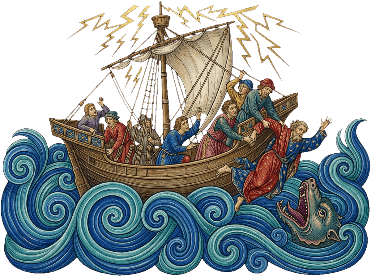 A tempestade no mar: os marinheiros lançam Jonas às águas revoltas