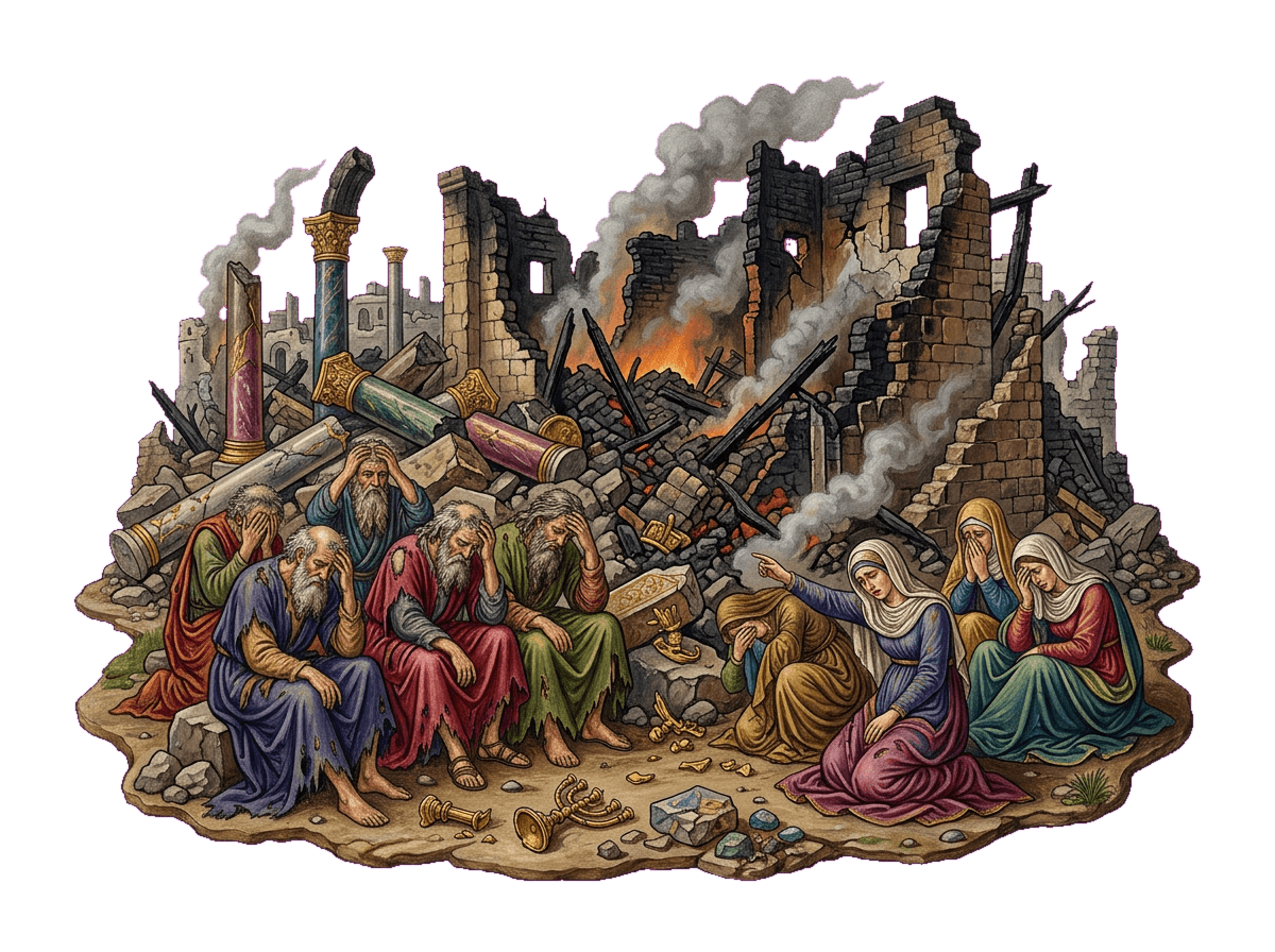 As ruínas fumegantes do templo de Jerusalém entre os que pranteiam