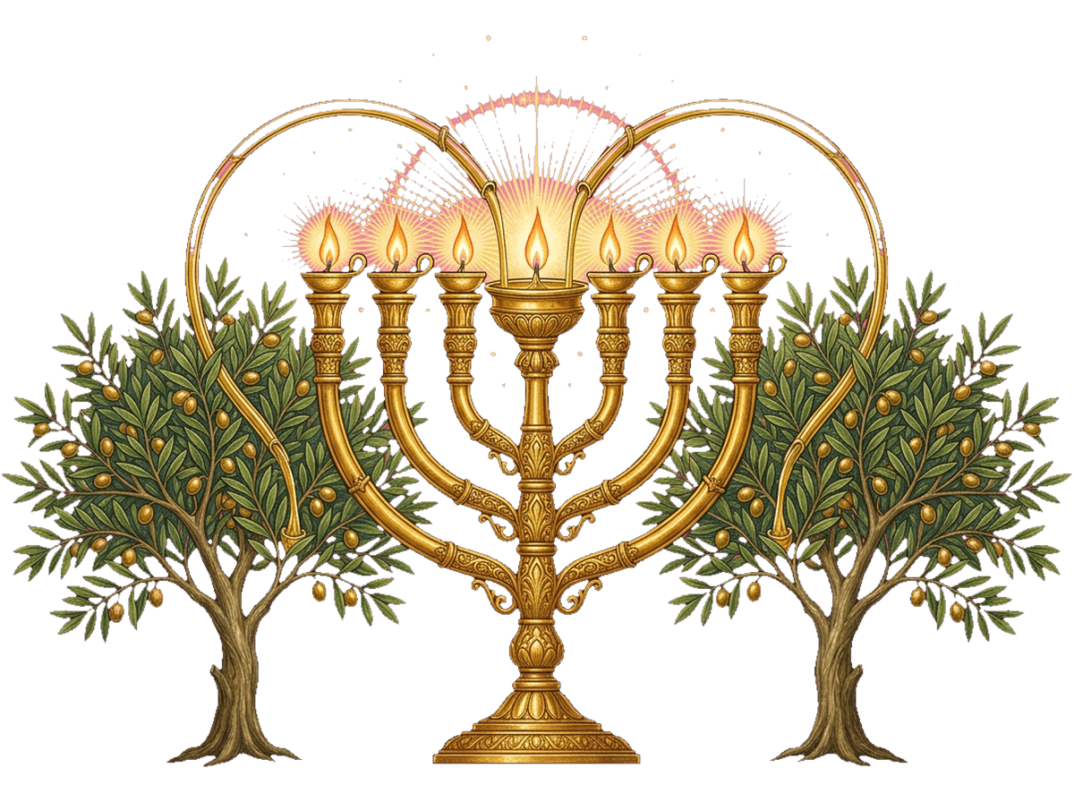 O candelabro de ouro de sete braços ladeado por duas oliveiras que o alimentam com azeite