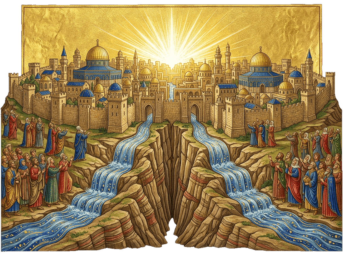 O Dia do Senhor: o Monte das Oliveiras se fende e águas vivas brotam de Jerusalém sob a luz divina
