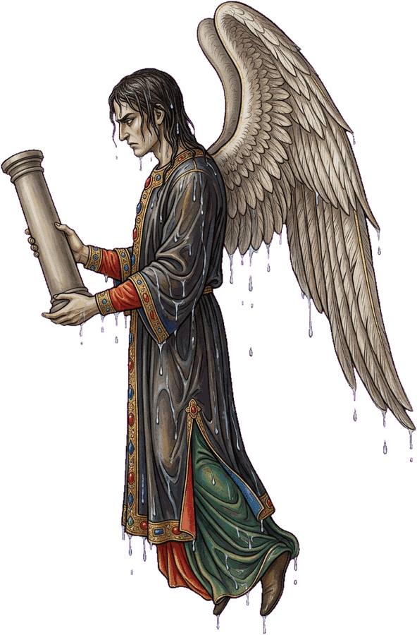 Figura de perfil con una sola ala emplumada, el otro hombro desnudo, agua escurriendo de las vestiduras y las plumas, sosteniendo una columna