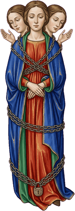 Mulher de vestes longas com duas cabeças adicionais nos ombros, todas de rosto humano sereno, presa por uma corrente tripla