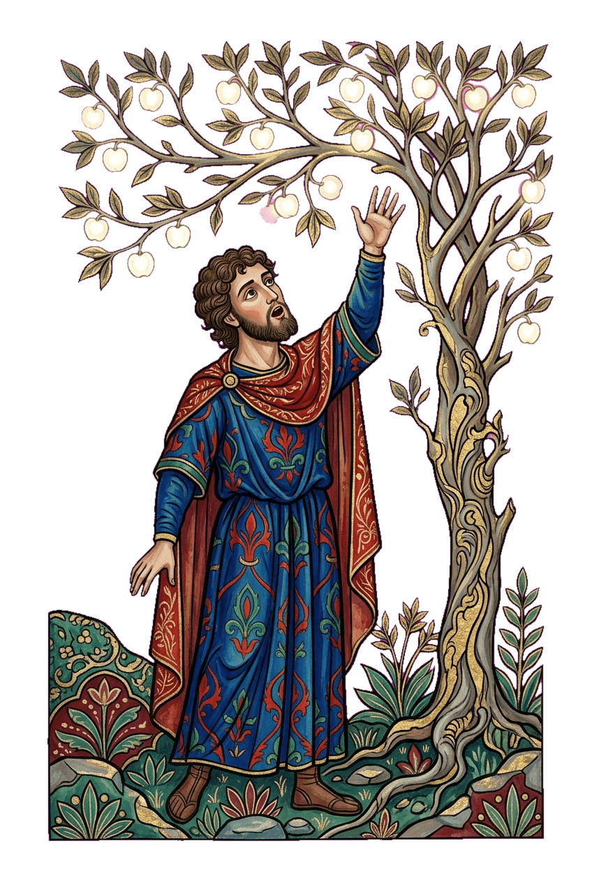 Néfi diante da árvore da vida, com o fruto branco luminoso