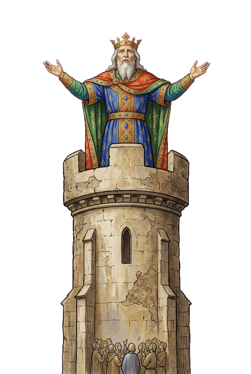 Um rei idoso discursando do alto de uma torre a uma multidão