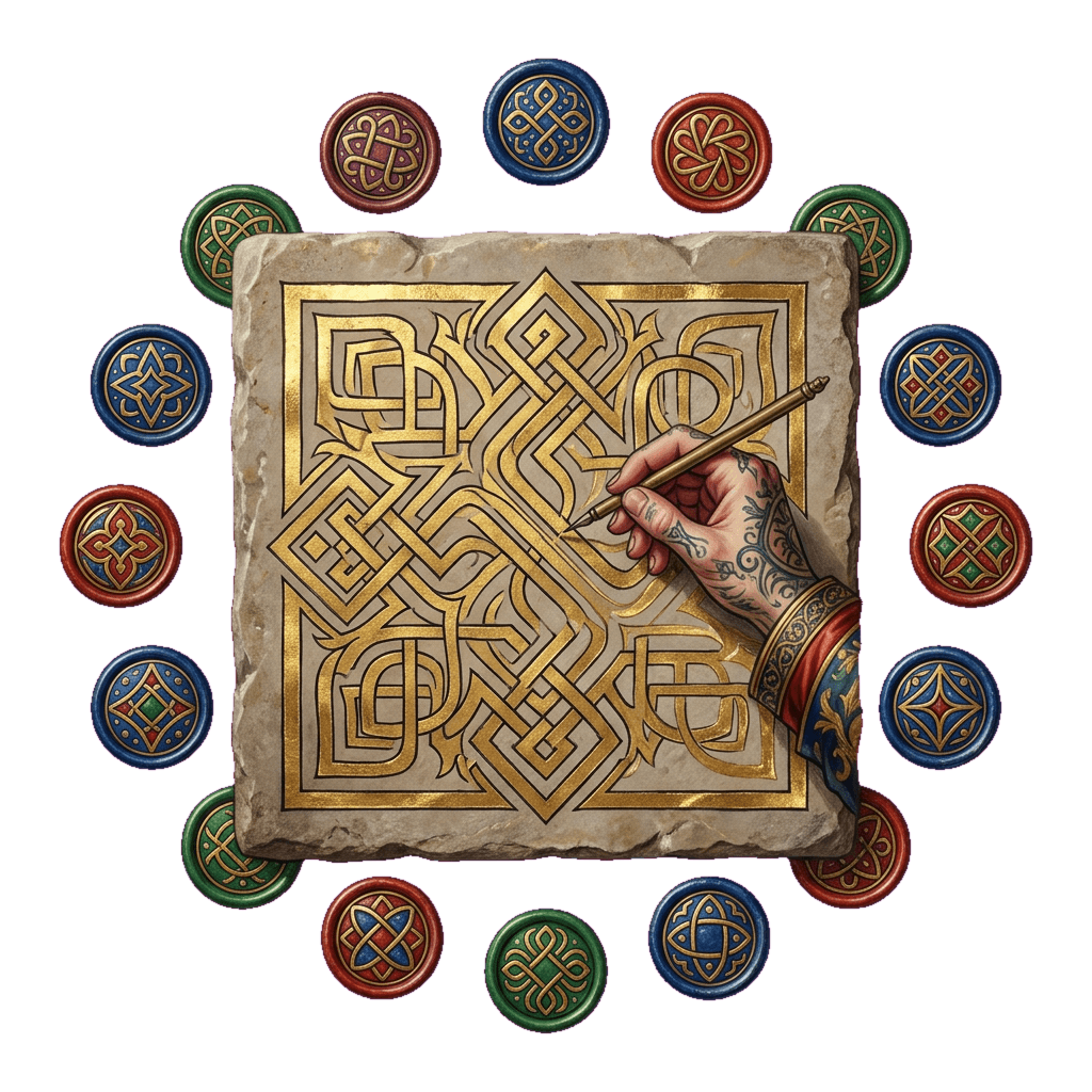 Uma mão inscrevendo marcas douradas abstratas num tablete de pedra, com treze selos ao redor