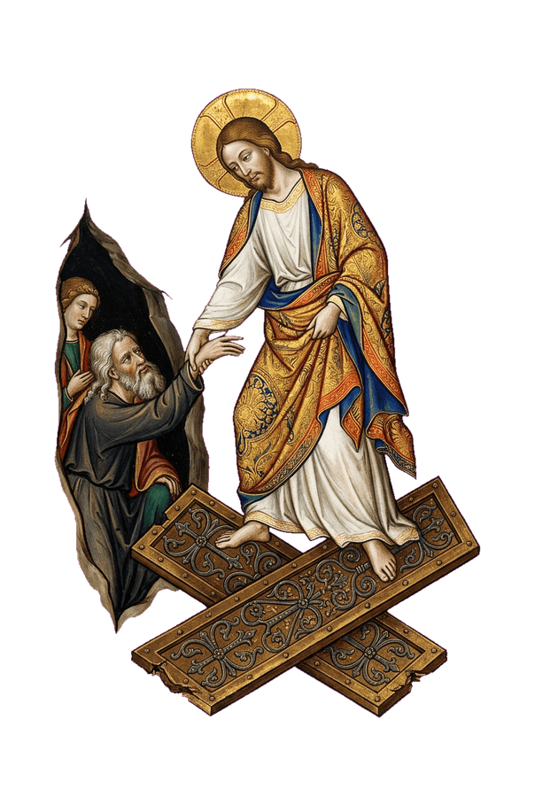 Cristo pisando as portas arrancadas do mundo dos mortos e puxando um ancião pelo pulso