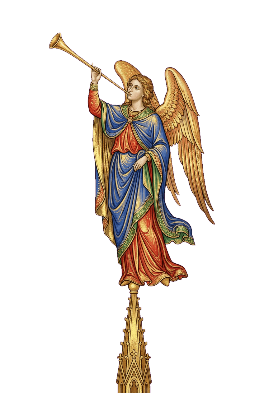 O Anjo Moroni em pé sobre um pináculo, trombeta erguida