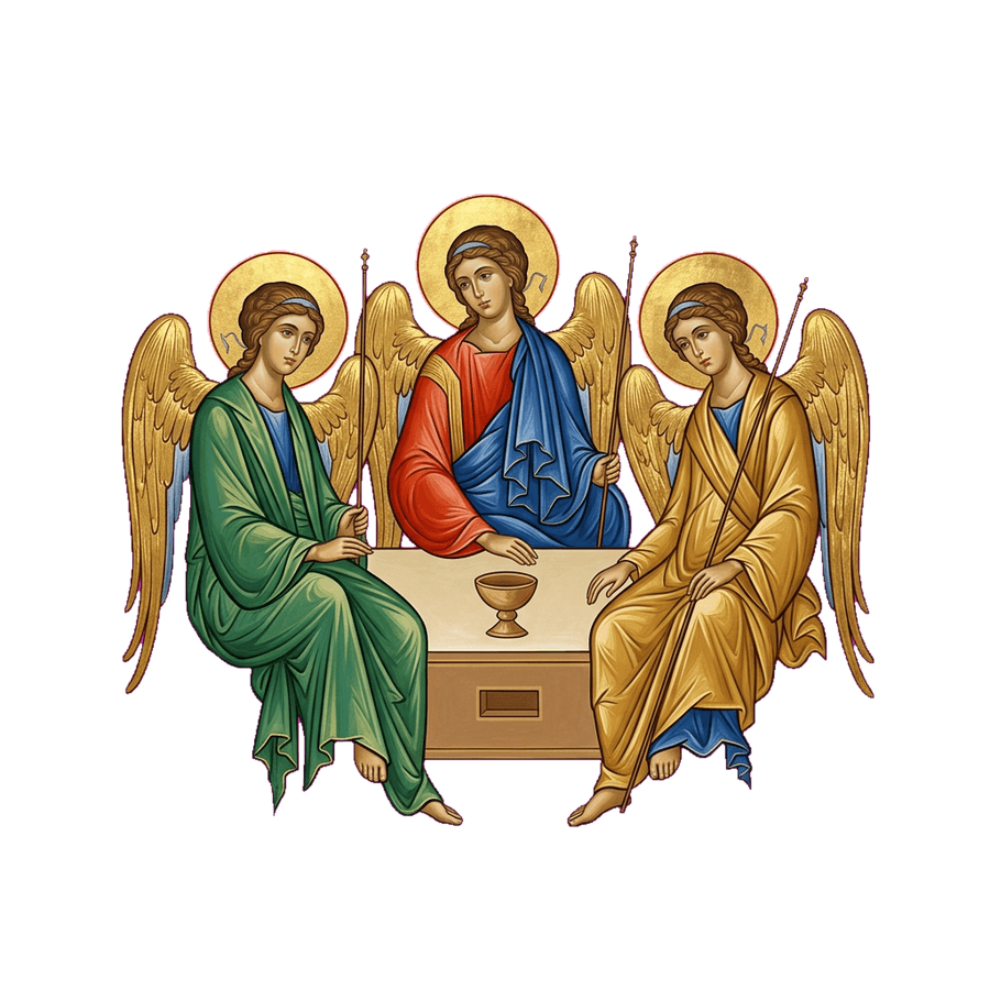 Os três visitantes celestes sentados à mesa, em composição simétrica, com auras de ouro